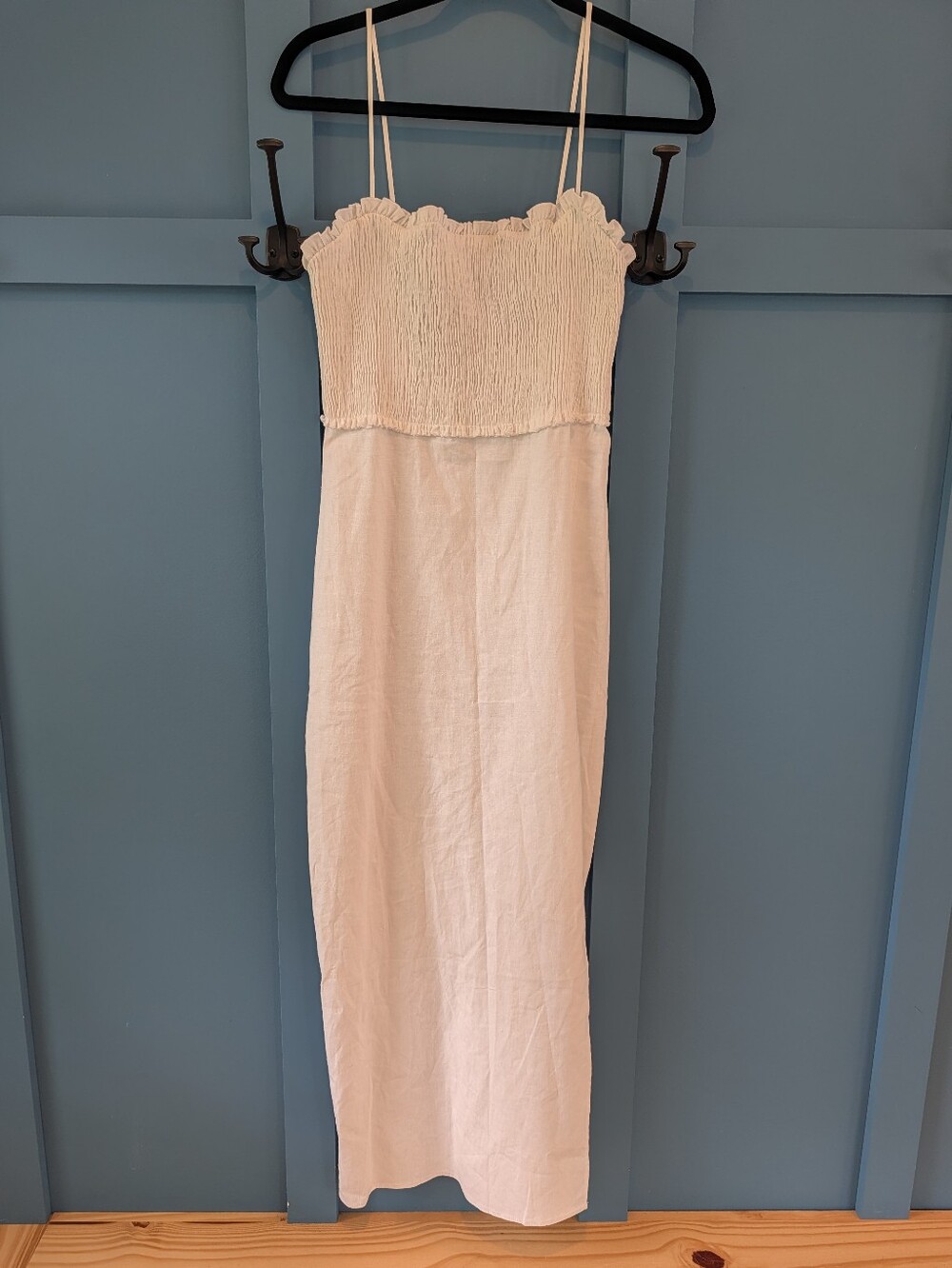 White Smocked Bodice Midi Dress with Spaghetti Straps